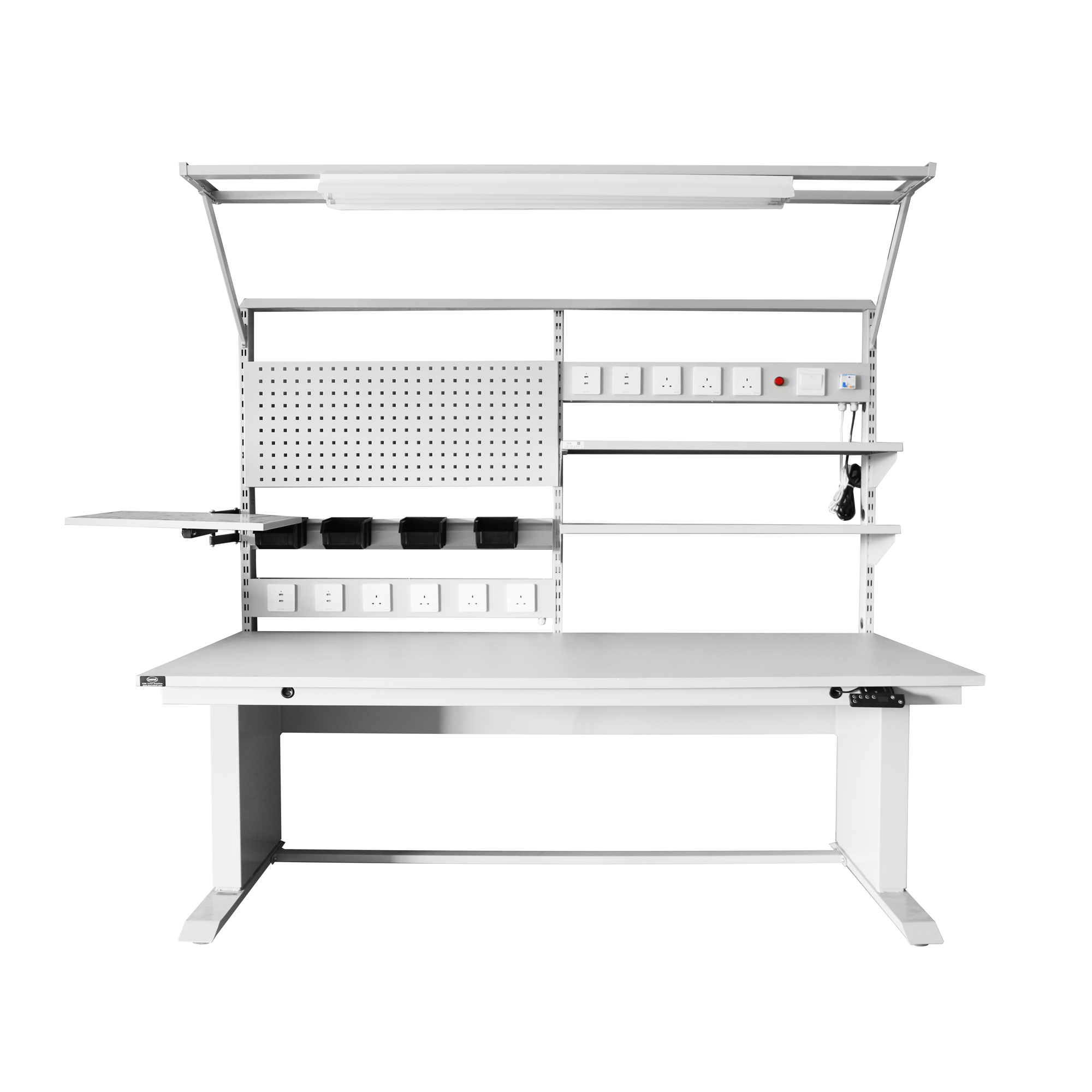 LEENOL ESD workbench with overhead lighting, shelves, parts bins and power outlets